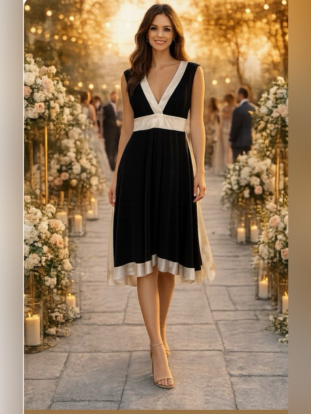 AXOXO Black & Champagne Satin Trim Cocktail Dress | Size L | Elegant V-Neck